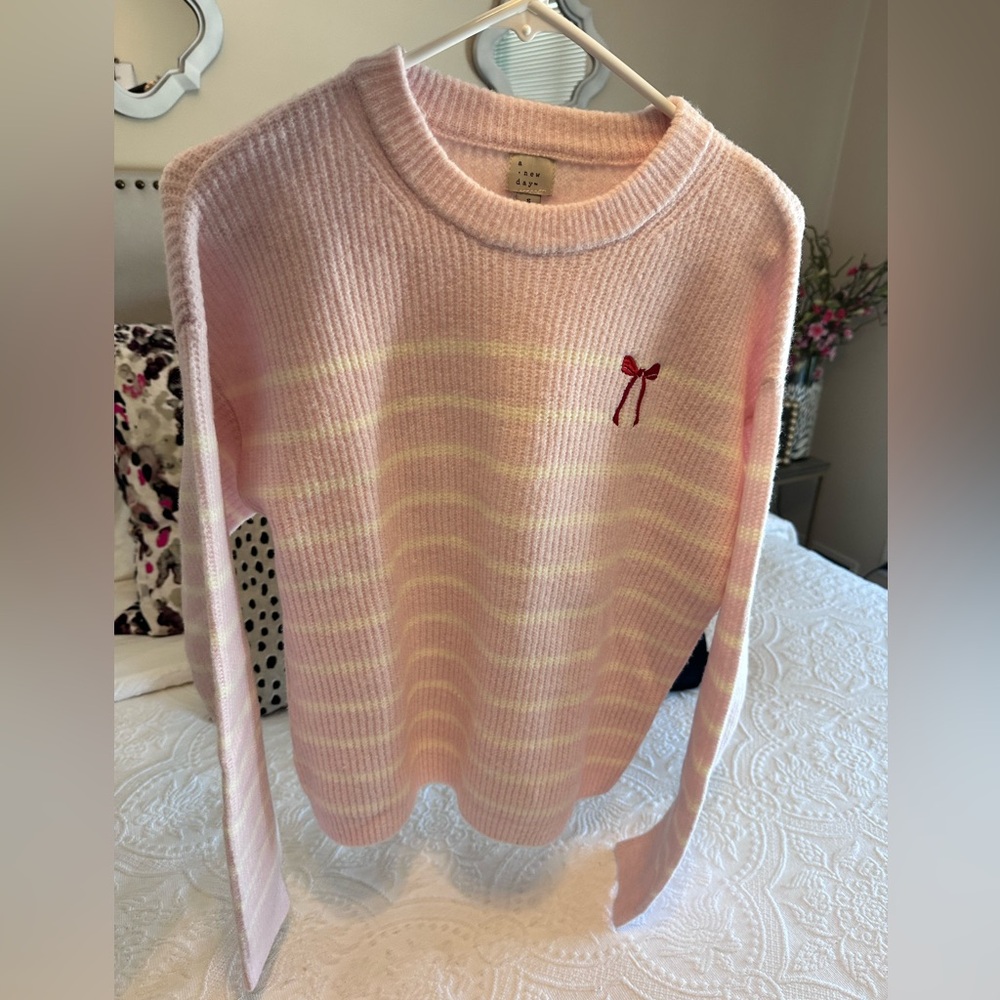 SALE! A New Day pink crewneck sweater with white stripes & red bow embroidery S - Picture 2 of 7